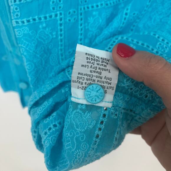 Johnny Was NYX Button Down Embroidered Eyelet Shirt Light Blue Size Medium - Picture 7 of 12